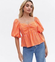 New Look Petite Pink Gingham Puff Sleeve Sweetheart Blouse